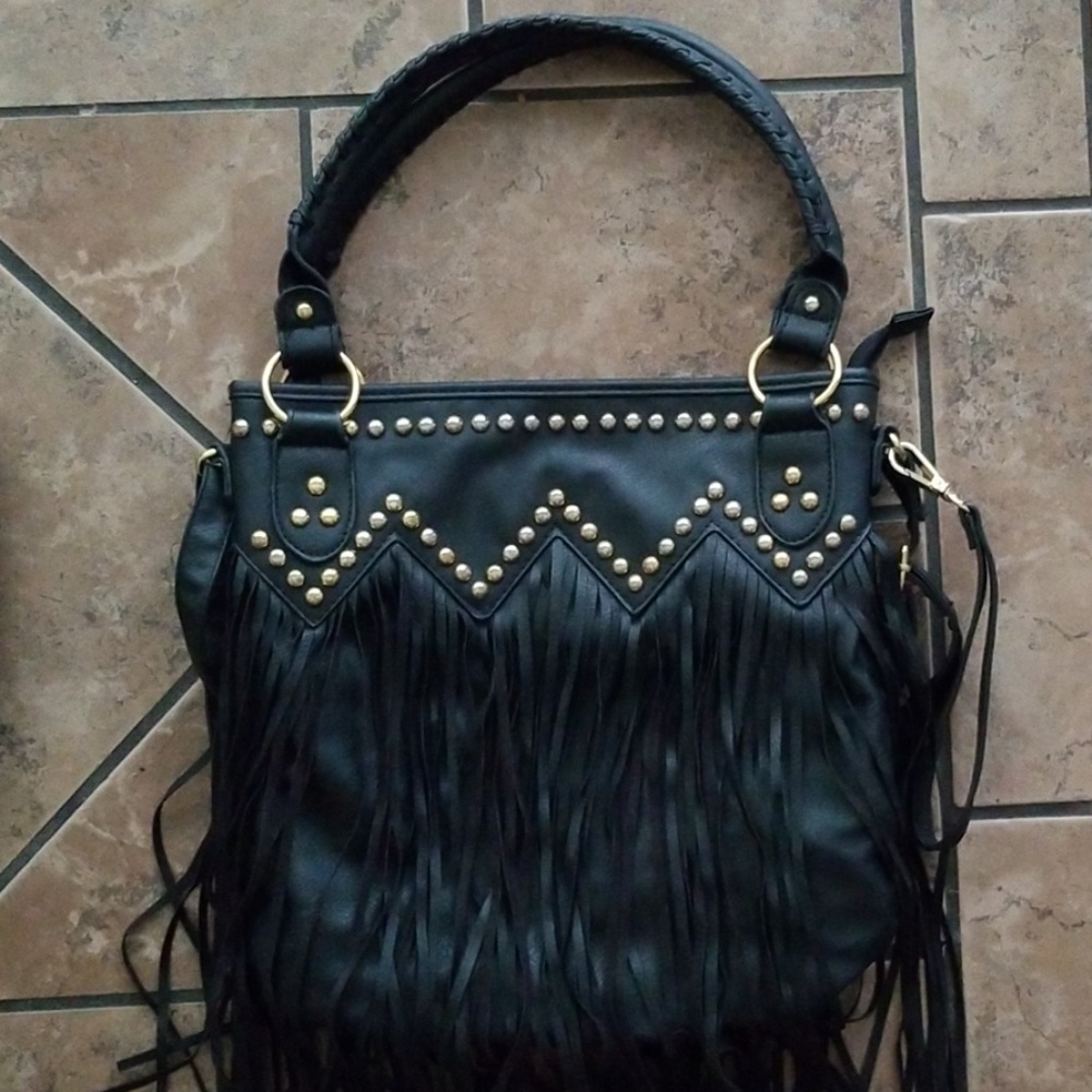 Studded Fringe Rockstar Black Adjustable Bag